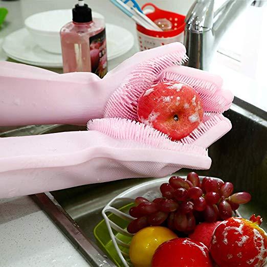 Magic Silicone Dishwashing Gloves 2 in 1 Wash Scrubber Household Supplies, Kitchen Tools for Dish Cleaning, Car Wash - 1 Pair