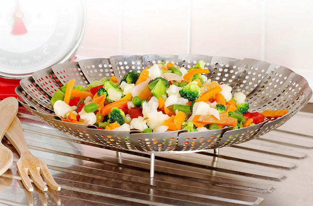 Premium Stainless Steel Folding Collapsible Rust Free Adjustable Kitchen Vegetable Steamer Basket - 23 cm, Foldable Steamer, Adjustable Steamer