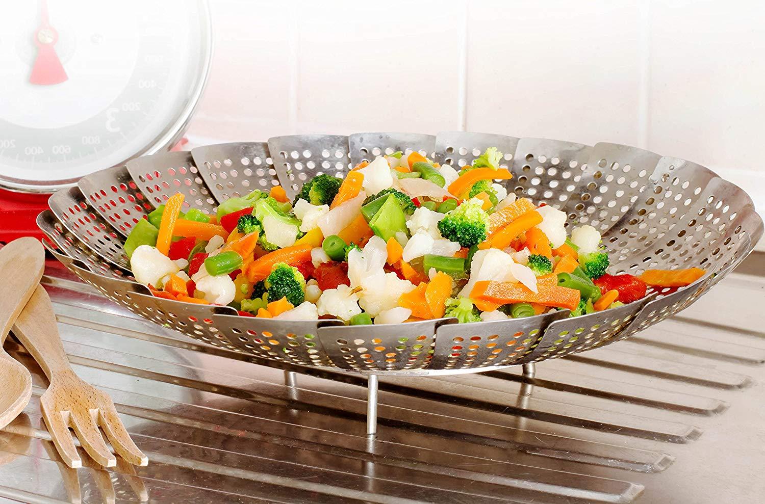 Premium Stainless Steel Folding Collapsible Rust Free Adjustable Kitchen Vegetable Steamer Basket - 23 cm, Foldable Steamer, Adjustable Steamer