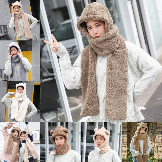 Winter Faux Fur Plush BearHood Scarf Hat & Gloves Set – Warm Winter Accessories Pakistan