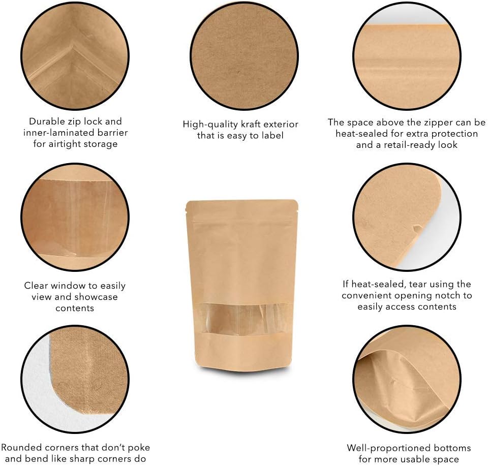 Pack of 100 - Kraft Paper Standup Self Sealing Zipper Pouch
