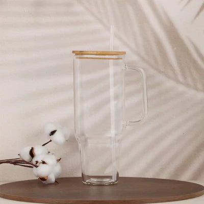 900ml Glass Tumbler with Bamboo Lid & Straw