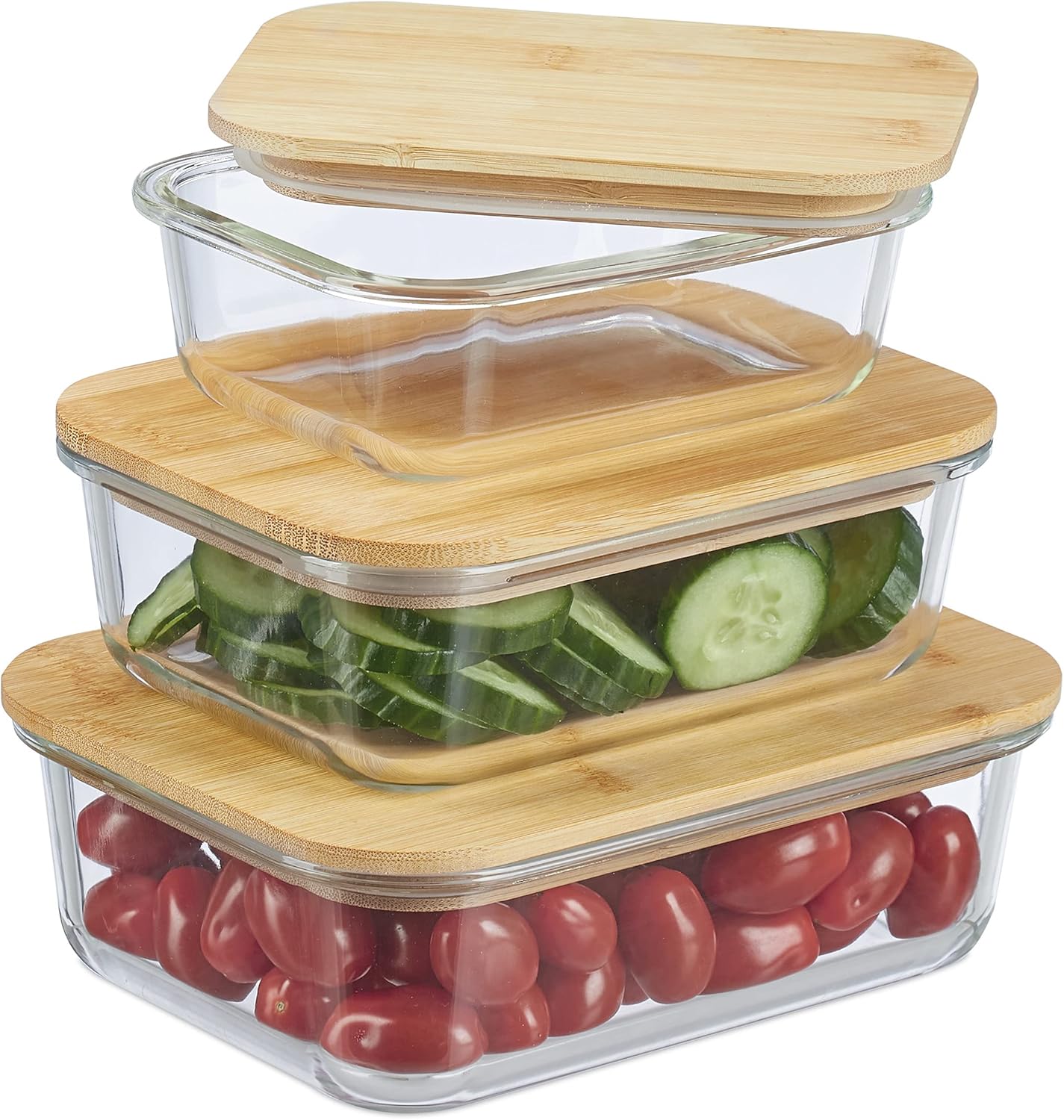 Set of 3 Glass Oven-Safe Containers with Bamboo Wooden Lids