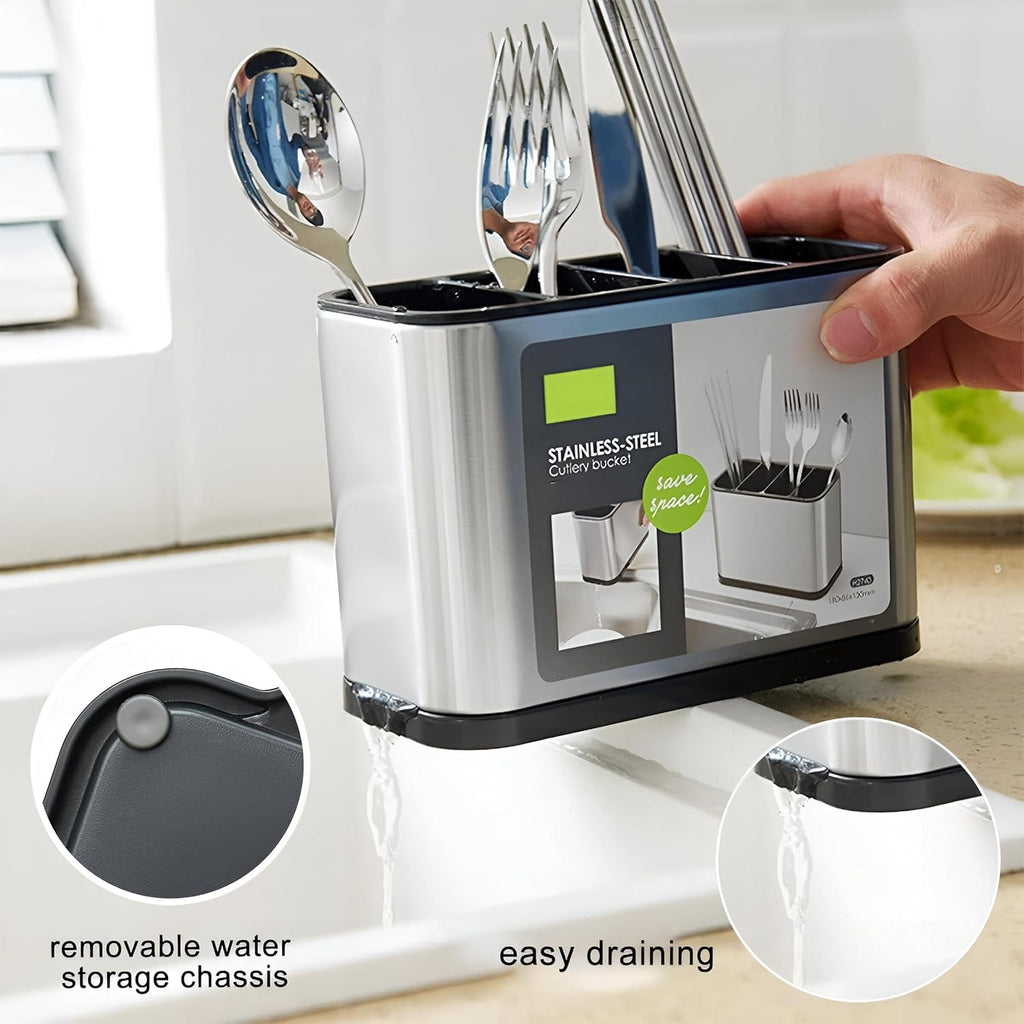 4 Compartment Cutlery Holder with Draining Tray