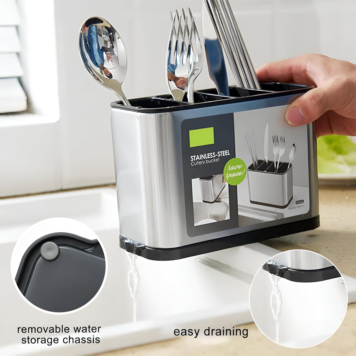 4 Compartment Cutlery Holder with Draining Tray
