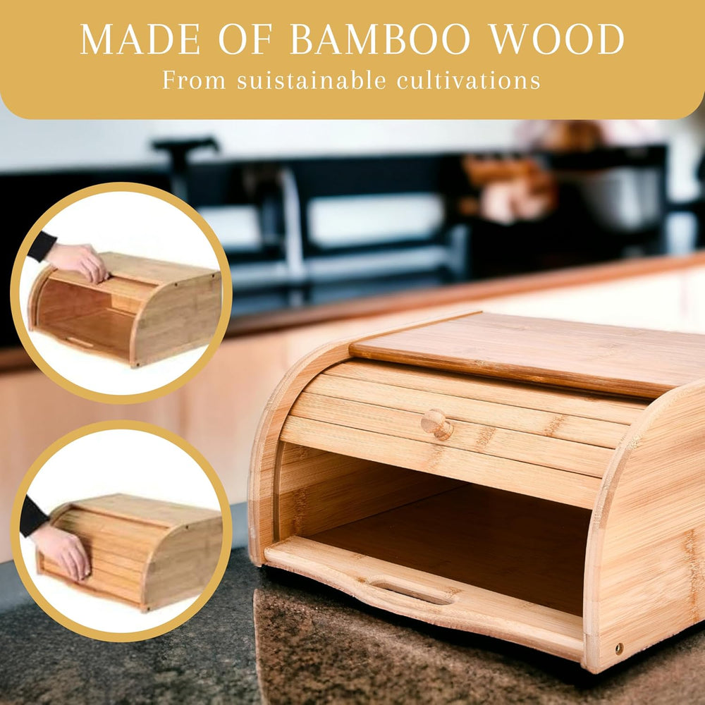 Bamboo Wooden Bread Box – Roll-Top Kitchen Storage Box