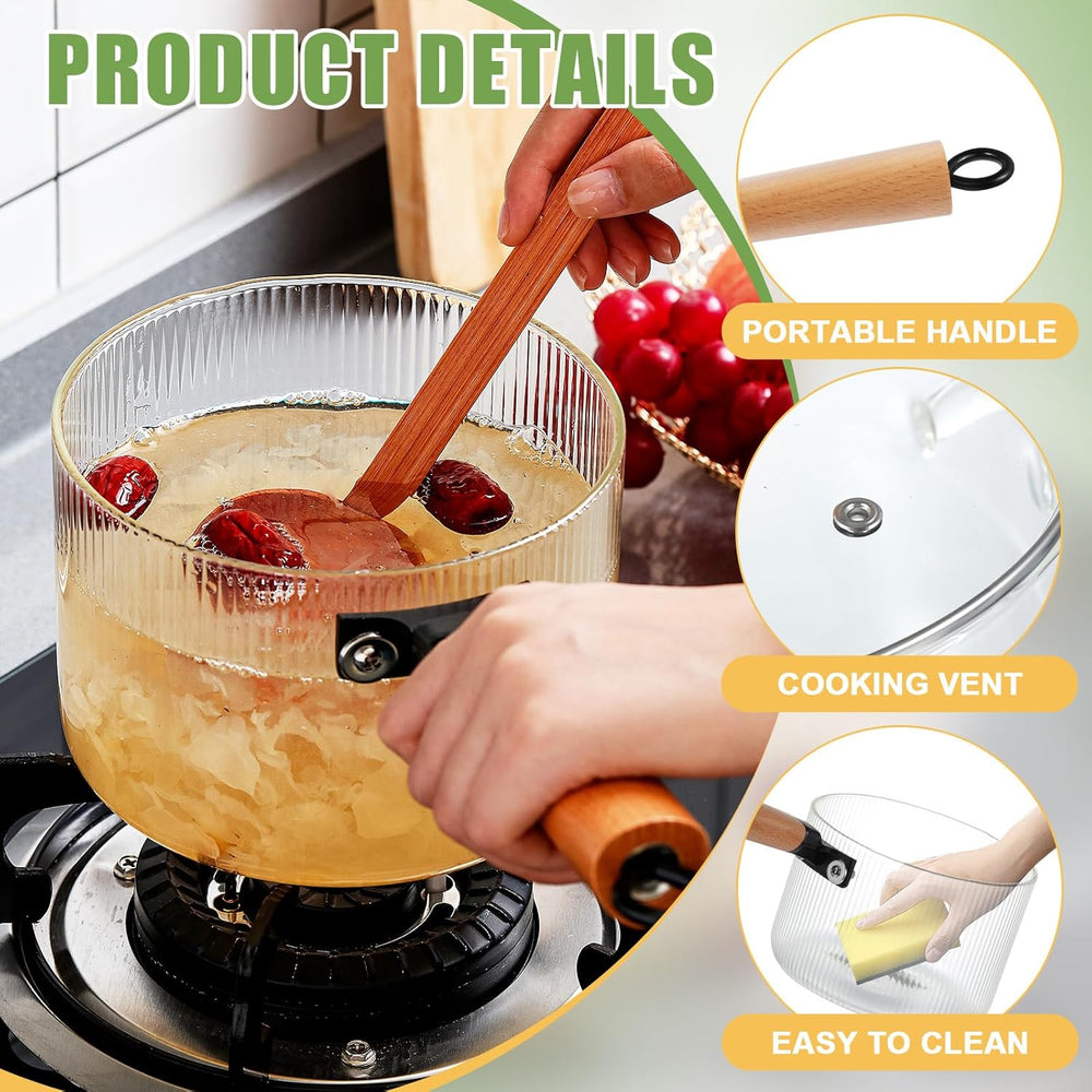 Stripped Glass Pot With Long Wooden Handle & Glass Lid