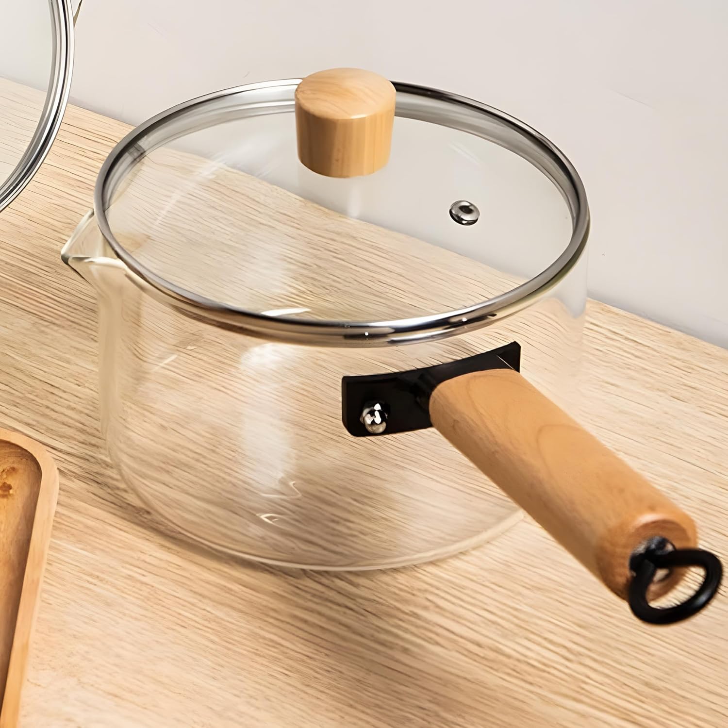 Glass Pot With Long Wooden Handle & Glass Lid