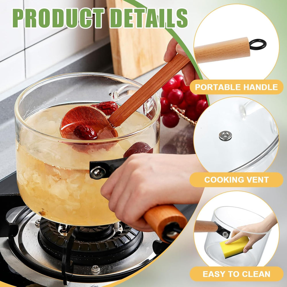 Glass Pot With Long Wooden Handle & Glass Lid
