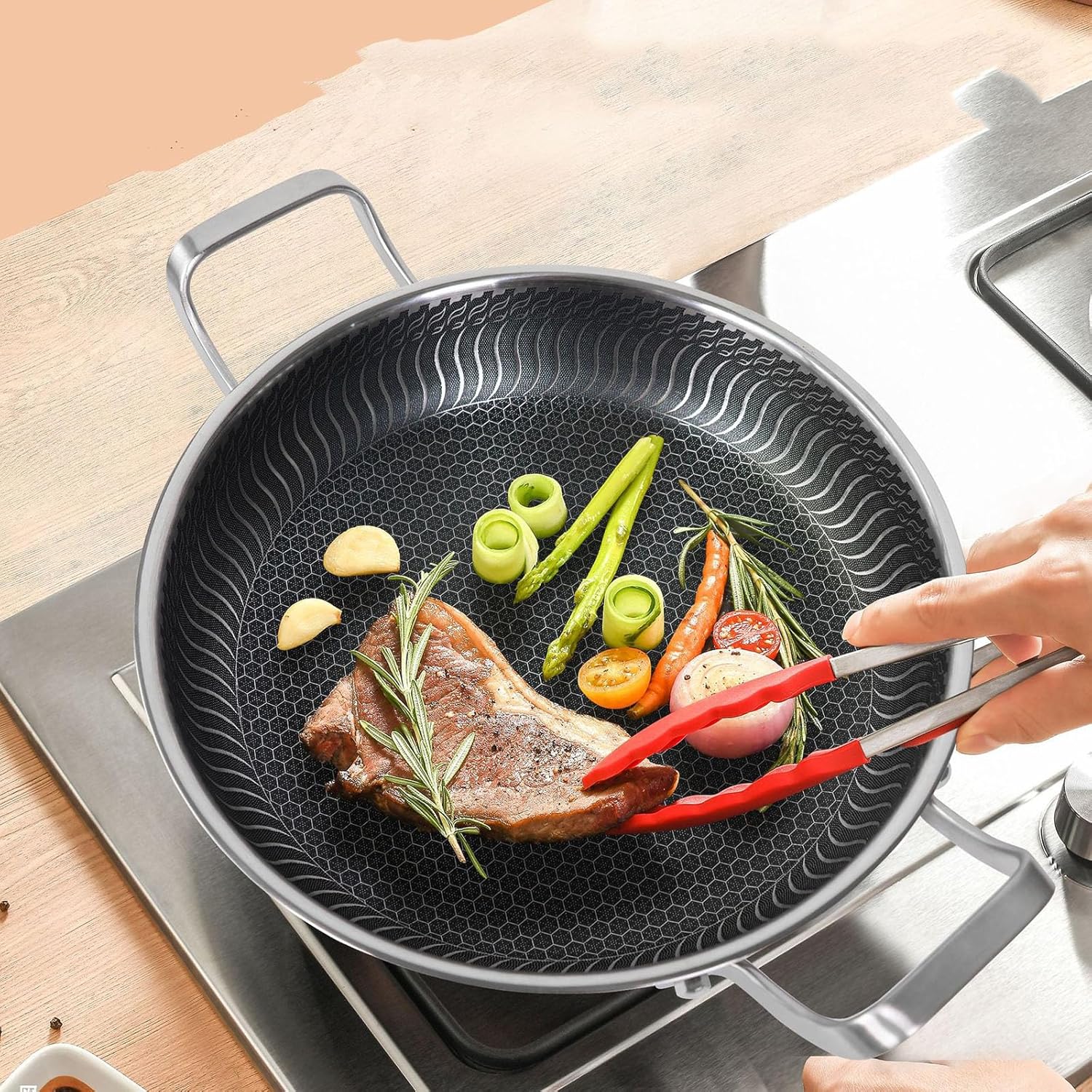 Flat Bottom Double Sided Laser Coated Honeycomb Layer Frying Pan With Lid & Dual Handle