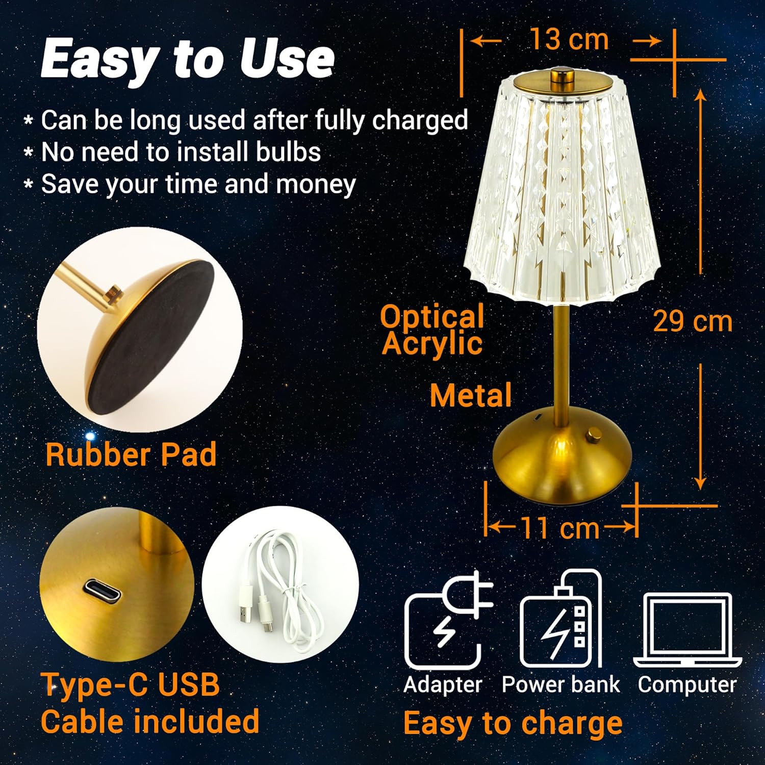 Dimmable Crystal 3 Colors LED Cordless Table Lamp