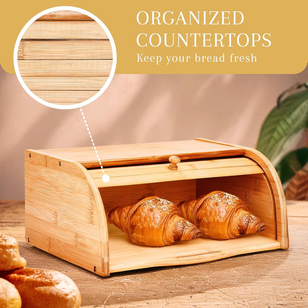 Bamboo Wooden Bread Box – Roll-Top Kitchen Storage Box
