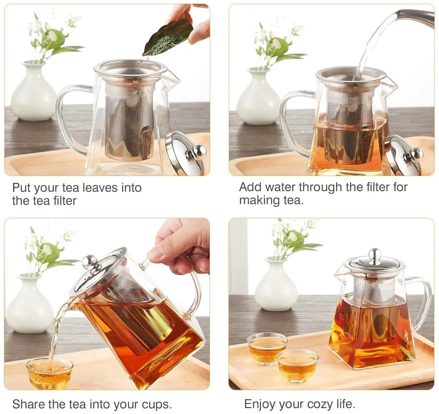 Square Glass Teapot with Heat-Resistant Stainless Steel Infuser Chai Kettle