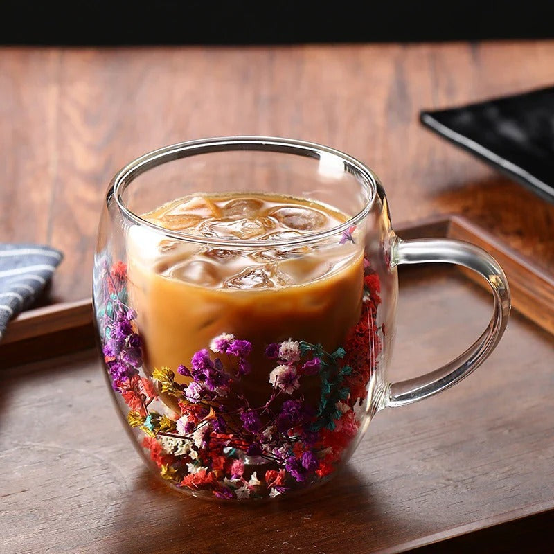 Set of 6 - Mini Double Wall Glass Mug with Dry Flowers Inside