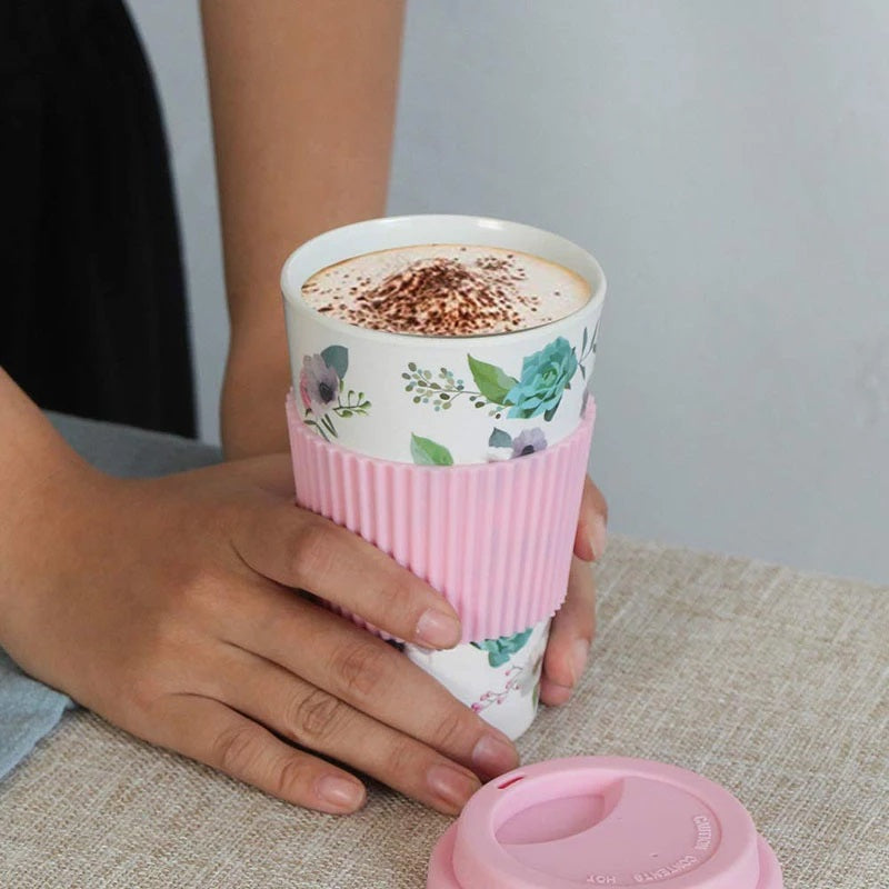 Random Design & Color - Bamboo Fiber Coffee Mug With Lid And Sleeve, Reusable Bamboo Coffee Cup, Portable Travel Mug With Lid