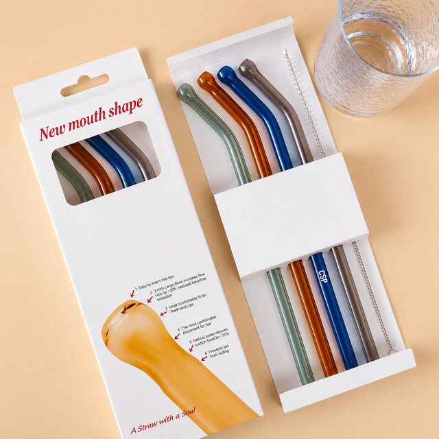 Set of 4 Mouth-Shape Reusable Glass Straws with Cleaning Brush
