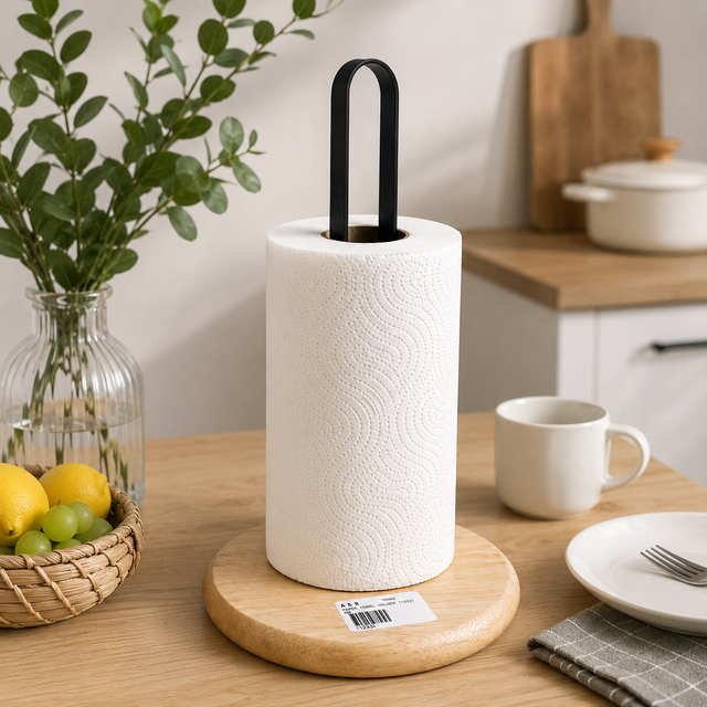 Premium Paper Towel Holder with Wooden Base | Gold & Black