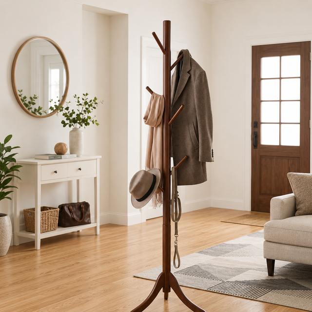 Free Standing Wooden Coat Tree with 6 Hooks – Coat Rack Stand for Coats, Hats, Bags & Purses