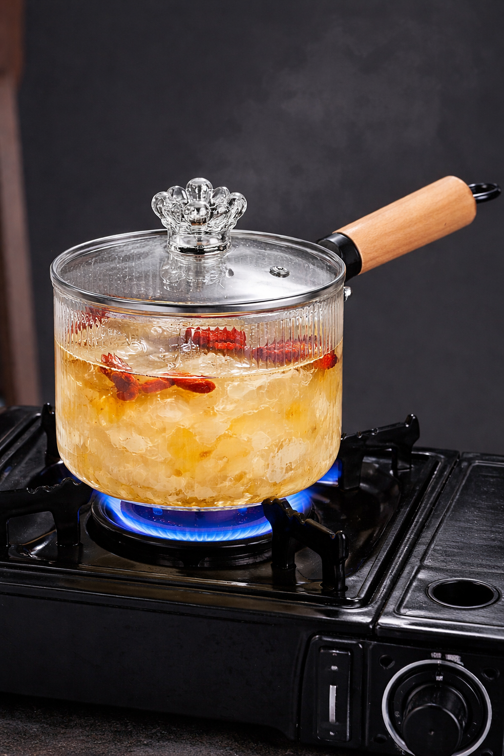 Stripped Glass Pot With Long Wooden Handle & Glass Lid