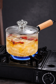 Stripped Glass Pot With Long Wooden Handle & Glass Lid