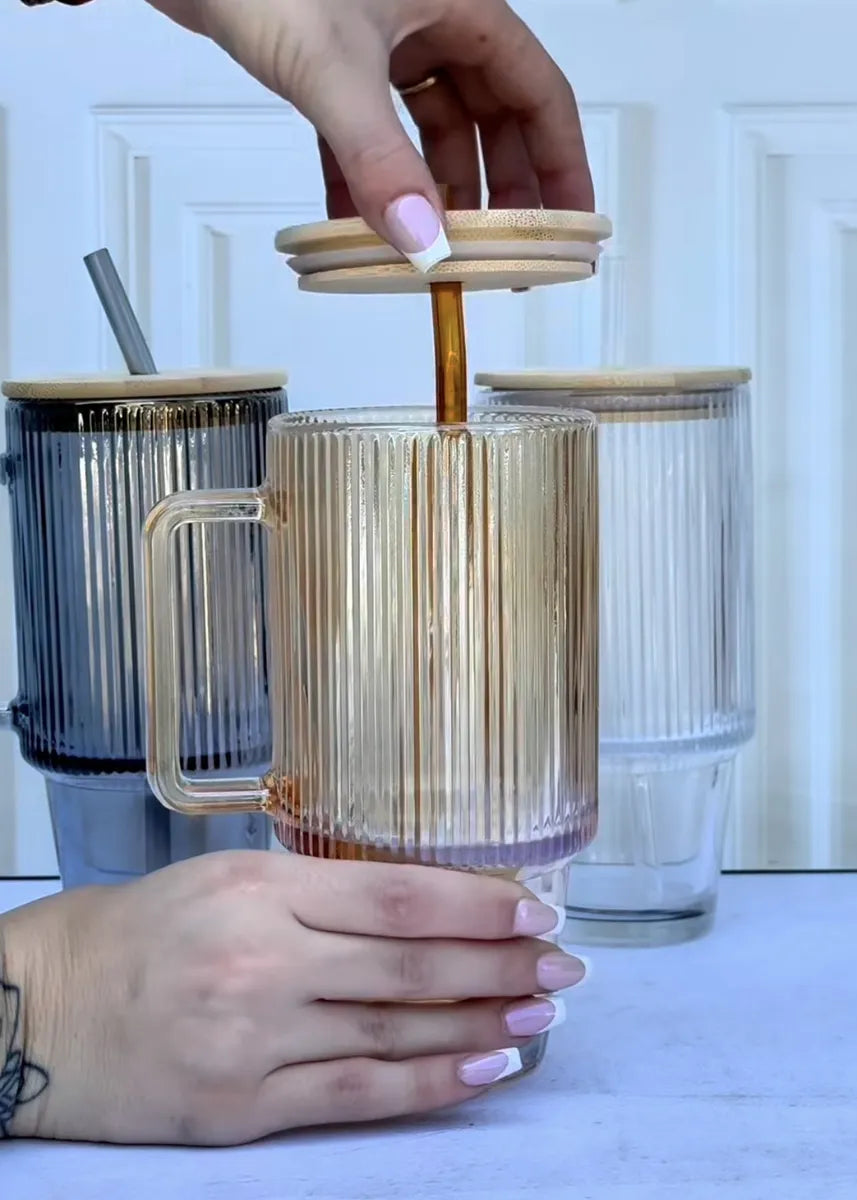 Ribbed Glass Tumbler with Handle, Straw & Bamboo Lid