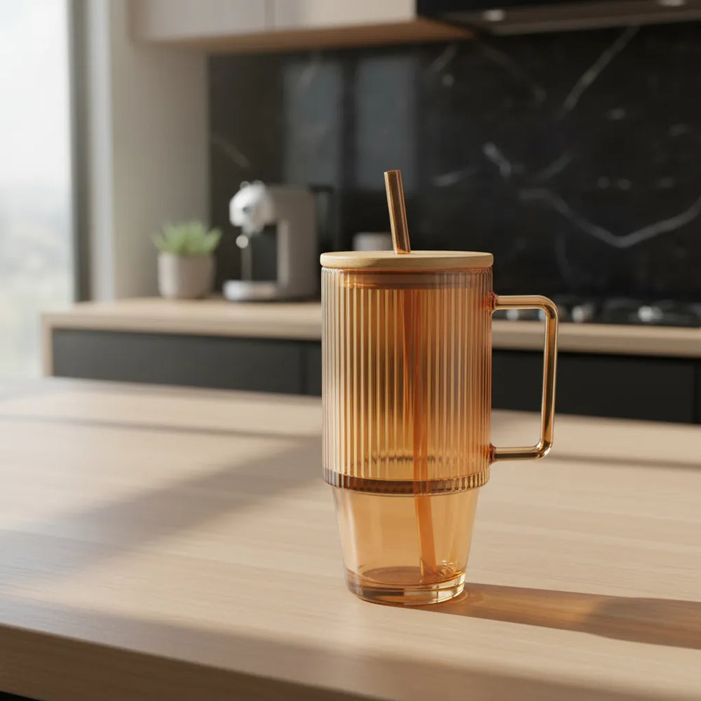 Ribbed Glass Tumbler with Handle, Straw & Bamboo Lid