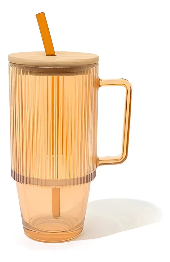 Ribbed Glass Tumbler with Handle, Straw & Bamboo Lid