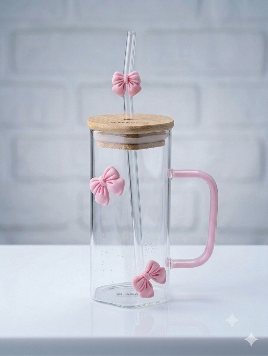 Green Bow Hexagonal Glass Tumbler with Straw
