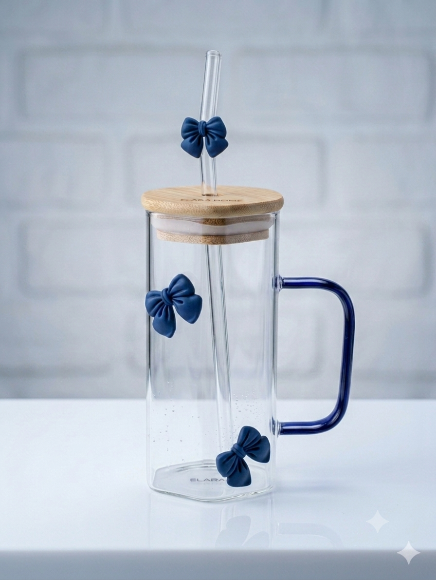 Green Bow Hexagonal Glass Tumbler with Straw