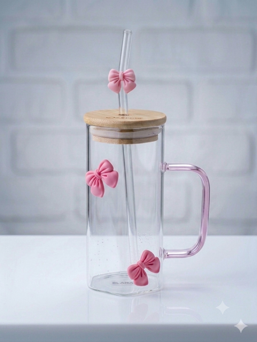 Green Bow Hexagonal Glass Tumbler with Straw