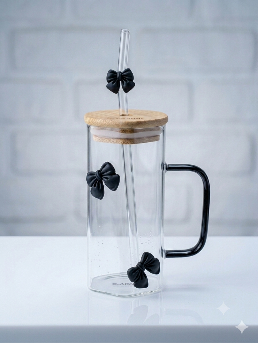 Green Bow Hexagonal Glass Tumbler with Straw