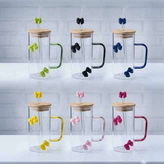 Green Bow Hexagonal Glass Tumbler with Straw