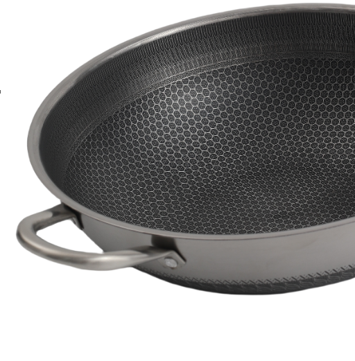 Single Handle Double Sided Laser Coated Honeycomb Stainless Steel Wok With Lid