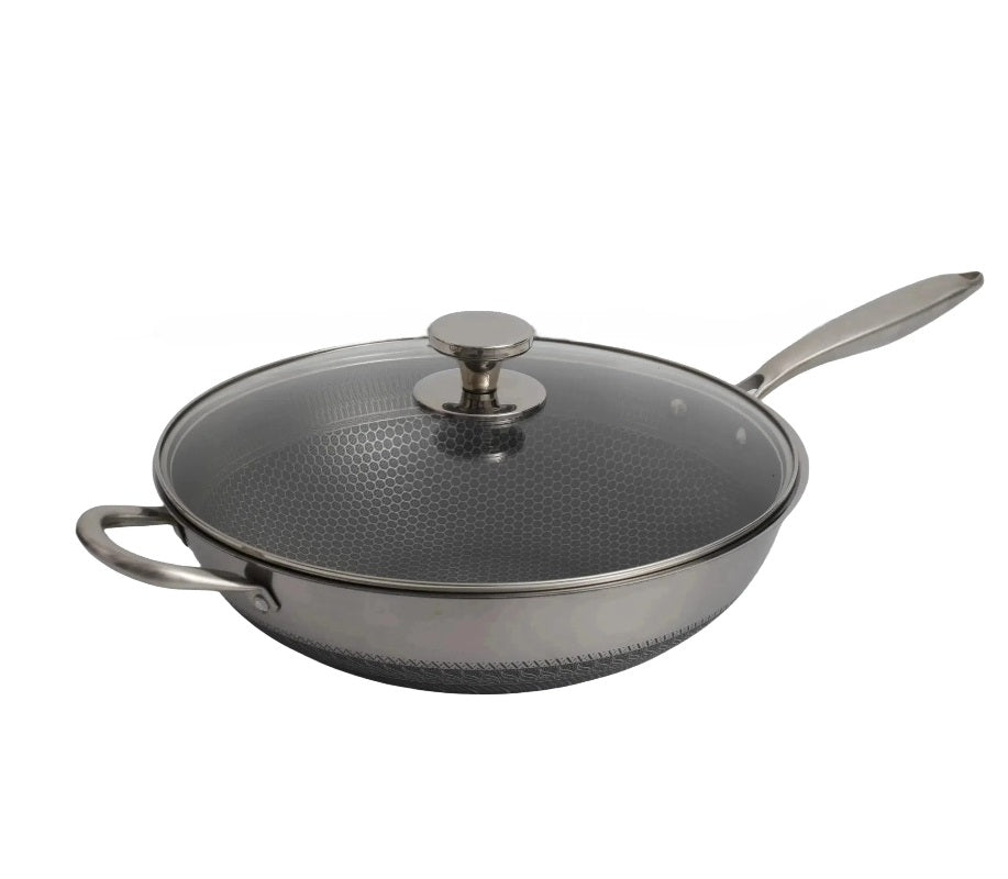 Single Handle Double Sided Laser Coated Honeycomb Stainless Steel Wok With Lid