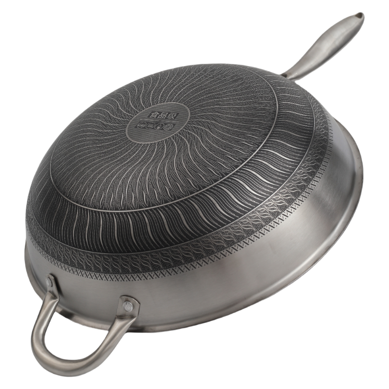 Single Handle Double Sided Laser Coated Honeycomb Stainless Steel Wok With Lid