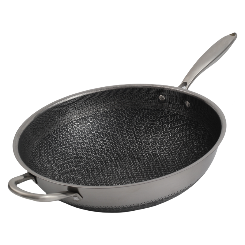 Single Handle Double Sided Laser Coated Honeycomb Stainless Steel Wok With Lid