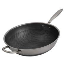 Single Handle Double Sided Laser Coated Honeycomb Stainless Steel Wok With Lid