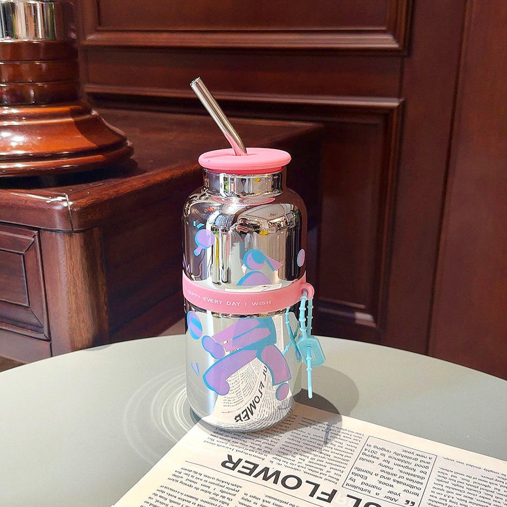 Random Color Water Bottle with Stainless Steel Straw and Silicone Lid