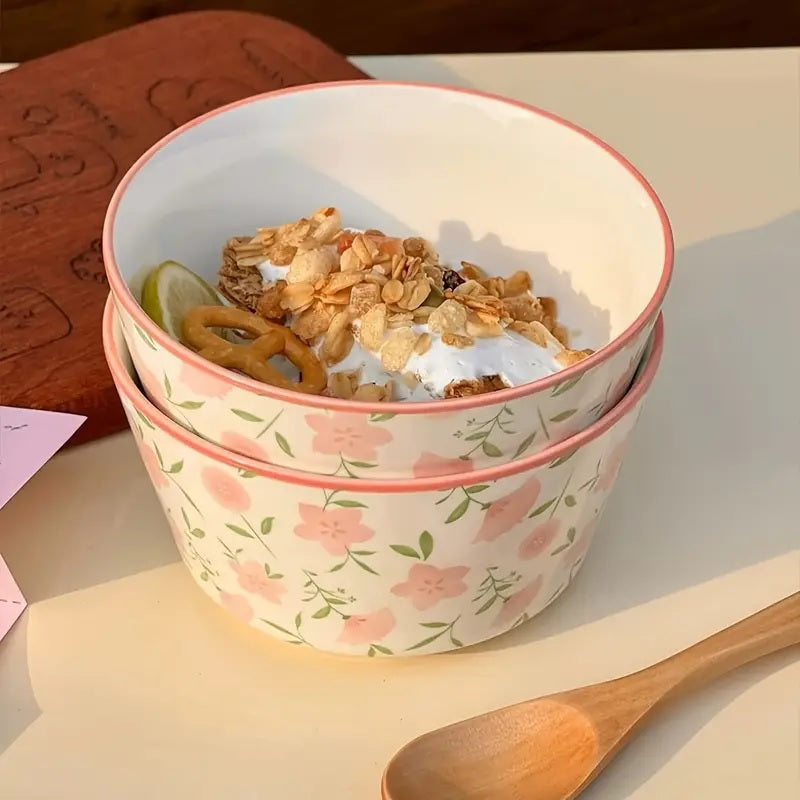 1Piece - Pink Floral Ceramic Bowl