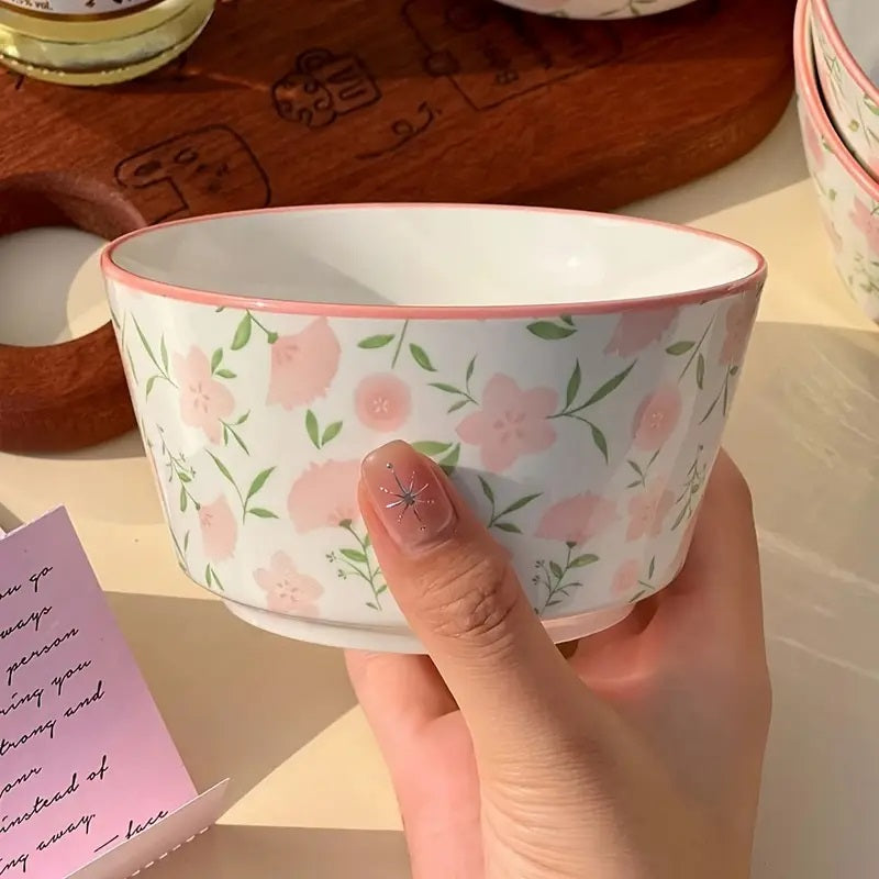 1Piece - Pink Floral Ceramic Bowl