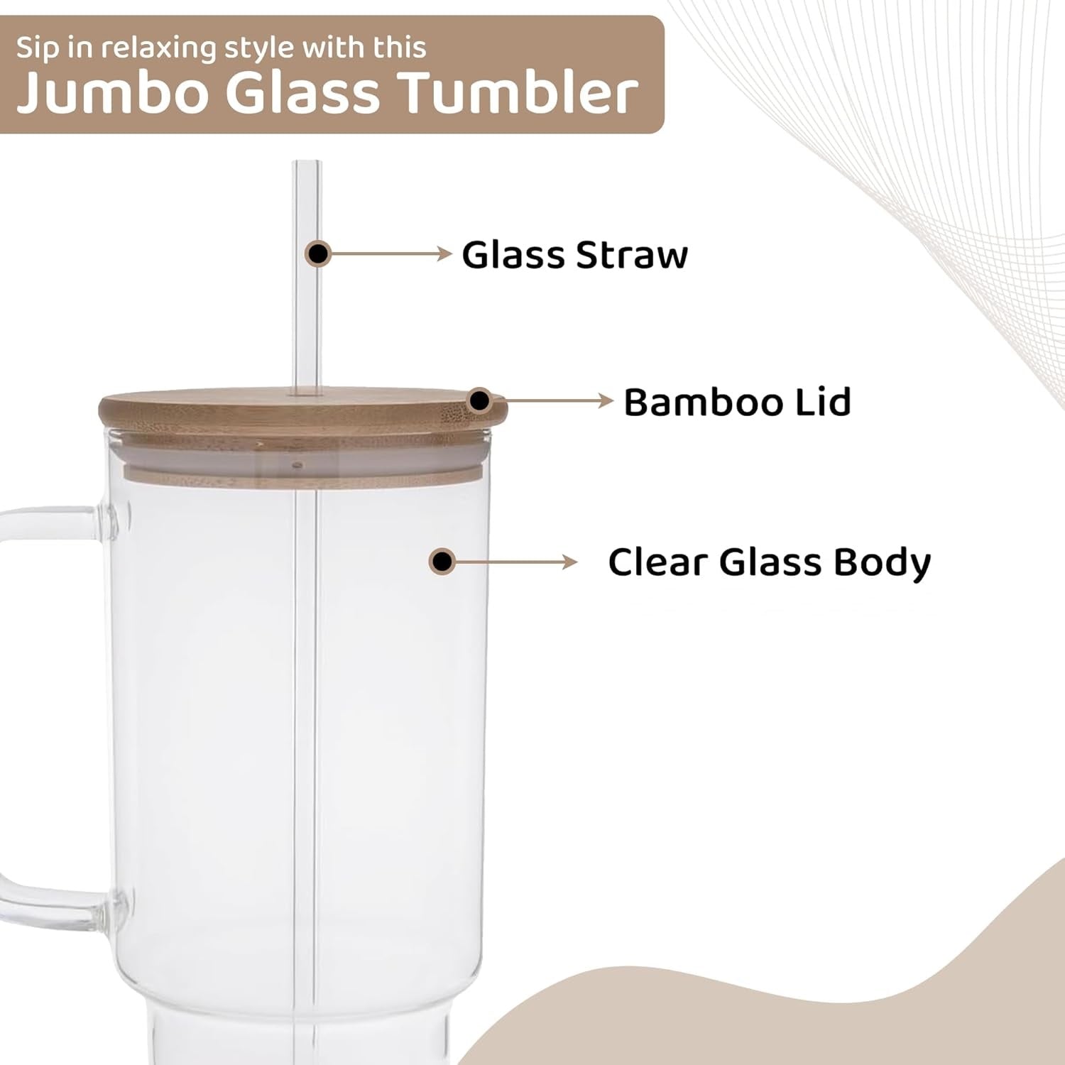 900ml Glass Tumbler with Bamboo Lid & Straw