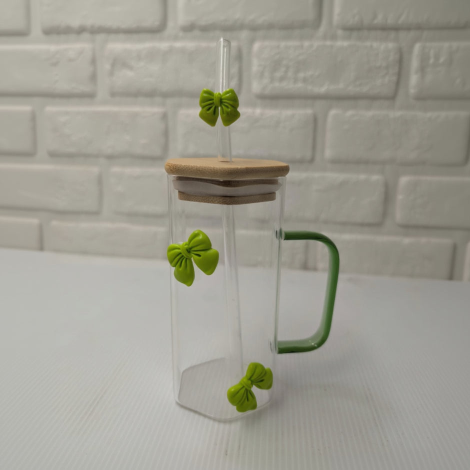 Green Bow Hexagonal Glass Tumbler with Straw