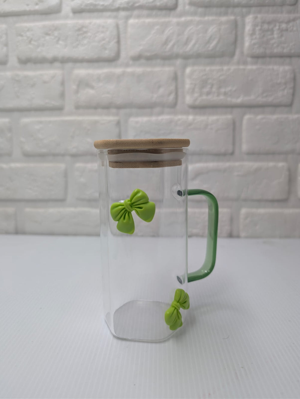 Green Bow Hexagonal Glass Tumbler with Straw