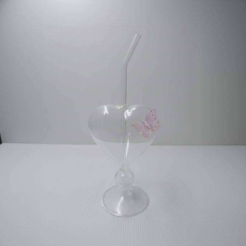 Heart Shaped Glass Butterfly Tumbler with Straw