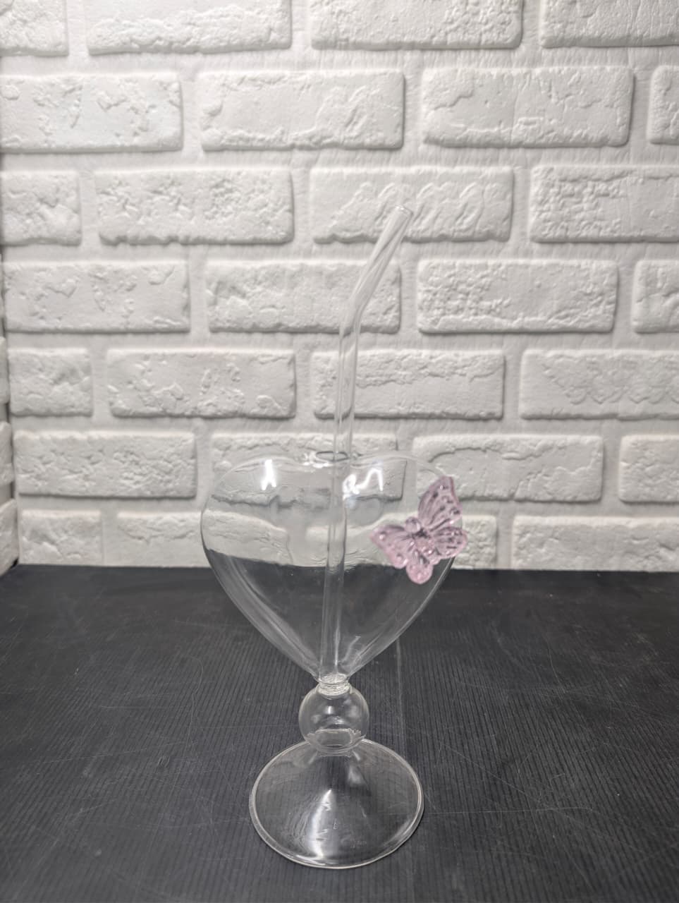 Heart Shaped Glass Butterfly Tumbler with Straw