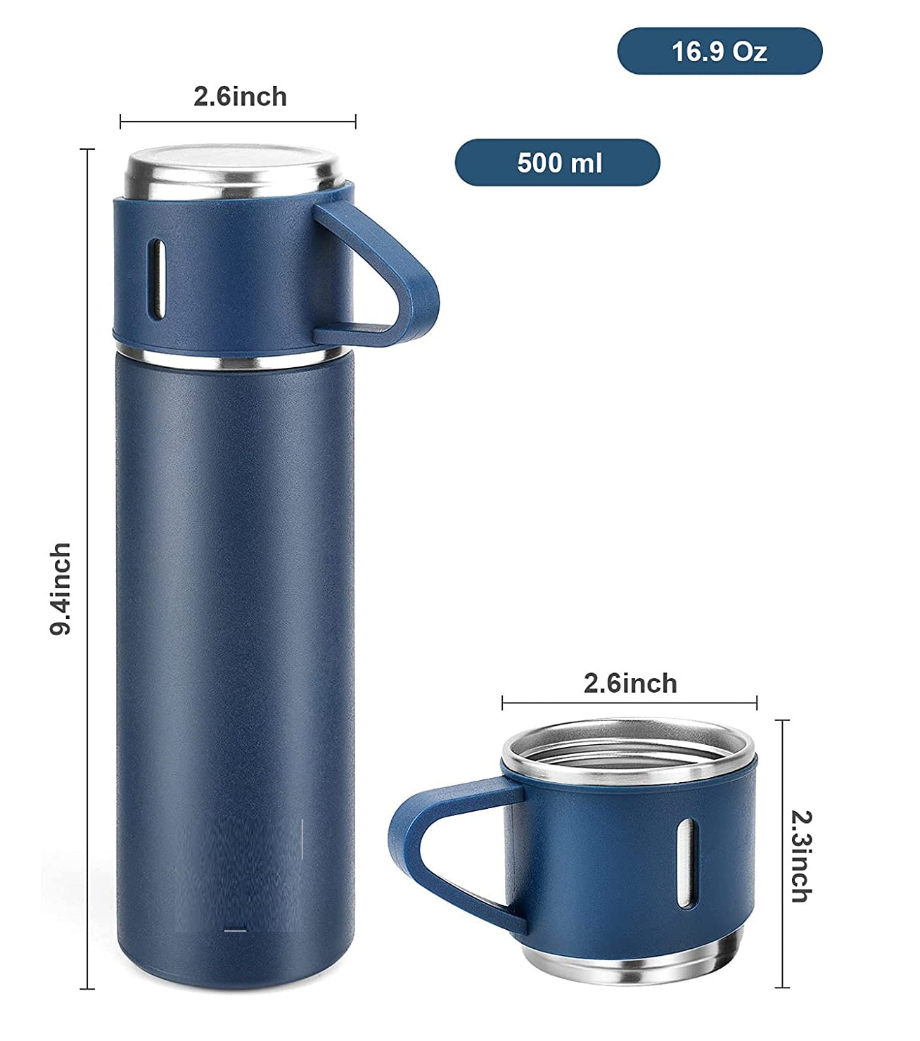 500ml Stainless Steel Vacuum Insulated Thermos Flask With 3 Cups