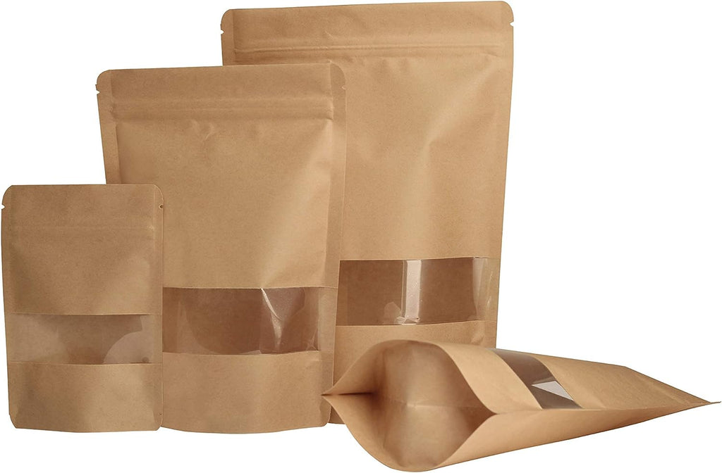 Pack of 100 - Kraft Paper Standup Self Sealing Zipper Pouch