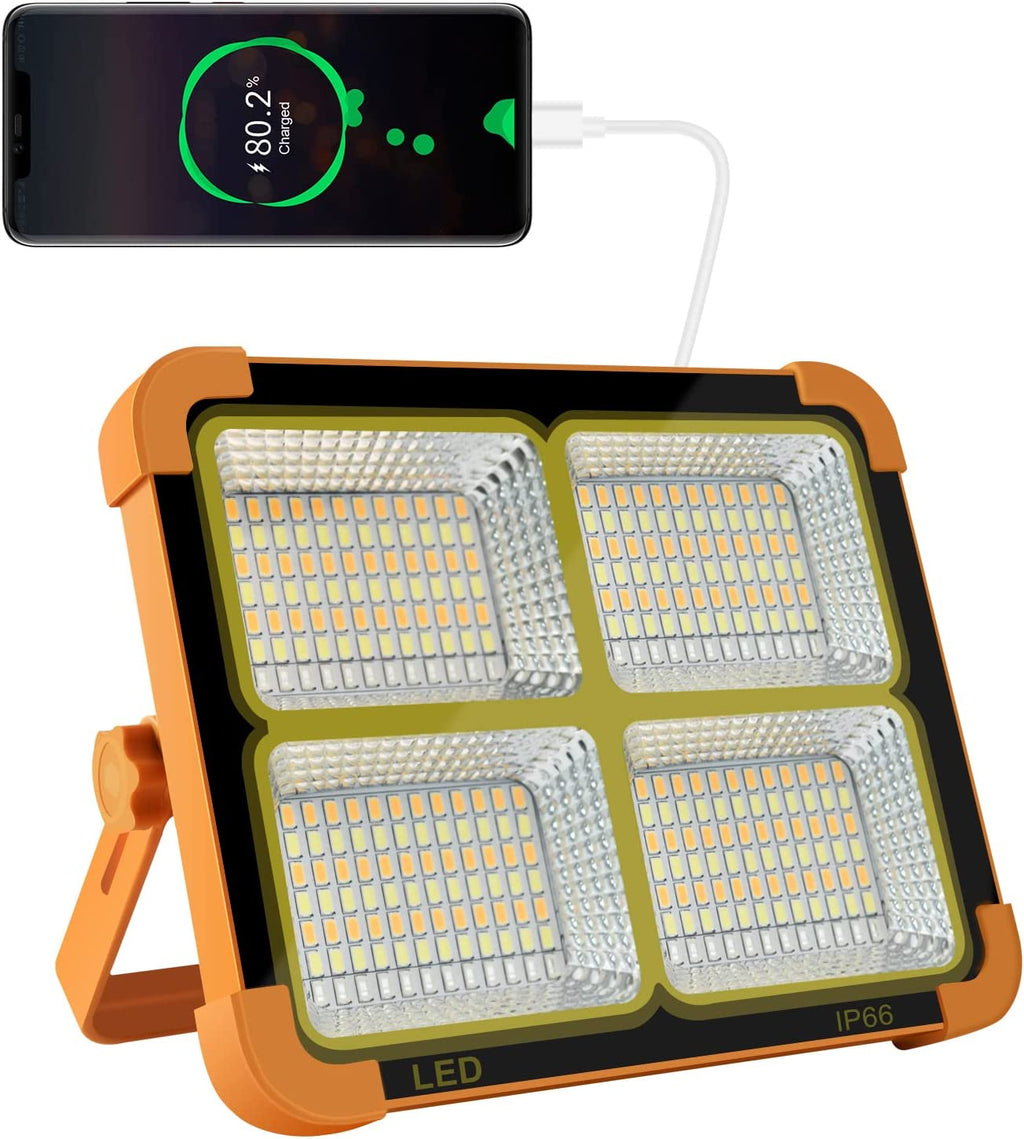 Rechargeable Solar Light, 100W Rechargeable Work Light, 10000Lum Portable Solar LED Floodlight with 348LEDs, Waterproof IP66 Solar LED Outdoor Emergency Portable Light