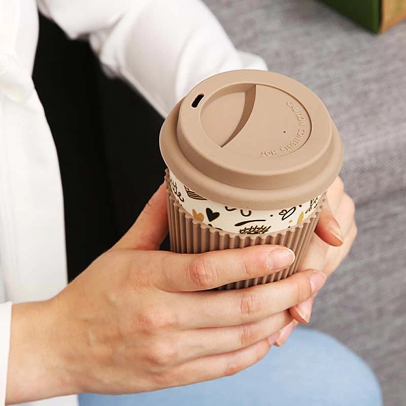 Random Design & Color - Bamboo Fiber Coffee Mug With Lid And Sleeve, Reusable Bamboo Coffee Cup, Portable Travel Mug With Lid