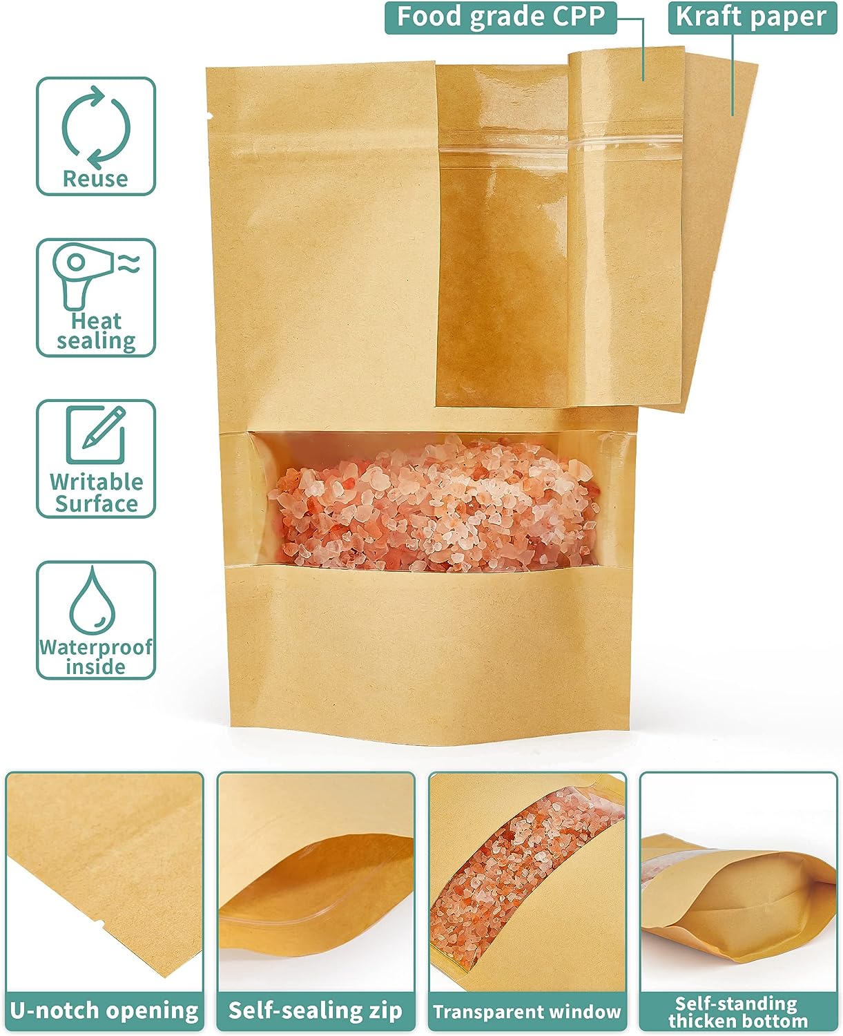 Pack of 100 - Kraft Paper Standup Self Sealing Zipper Pouch